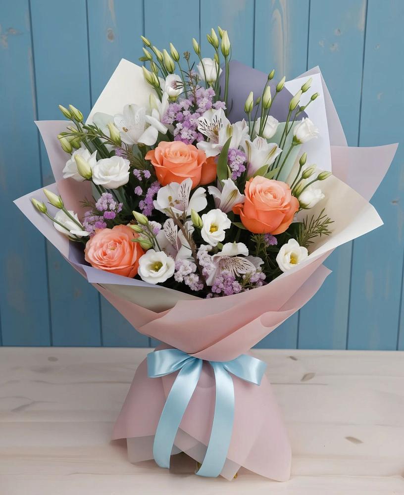 Букет цветов из: Лизиантусы, Розы, Альстромерии и Гипсофила во Всеволожске